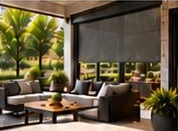 Outdoor seating area with spring-operated exterior shades