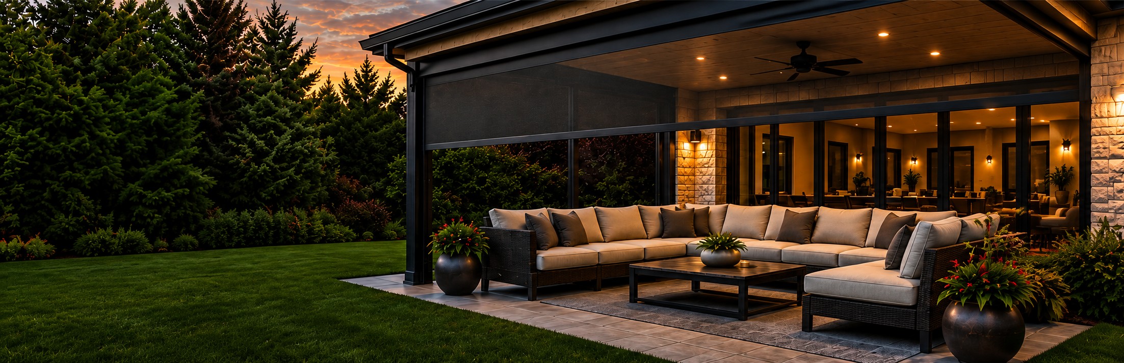 Covered outdoor living space with track-guided exterior shades