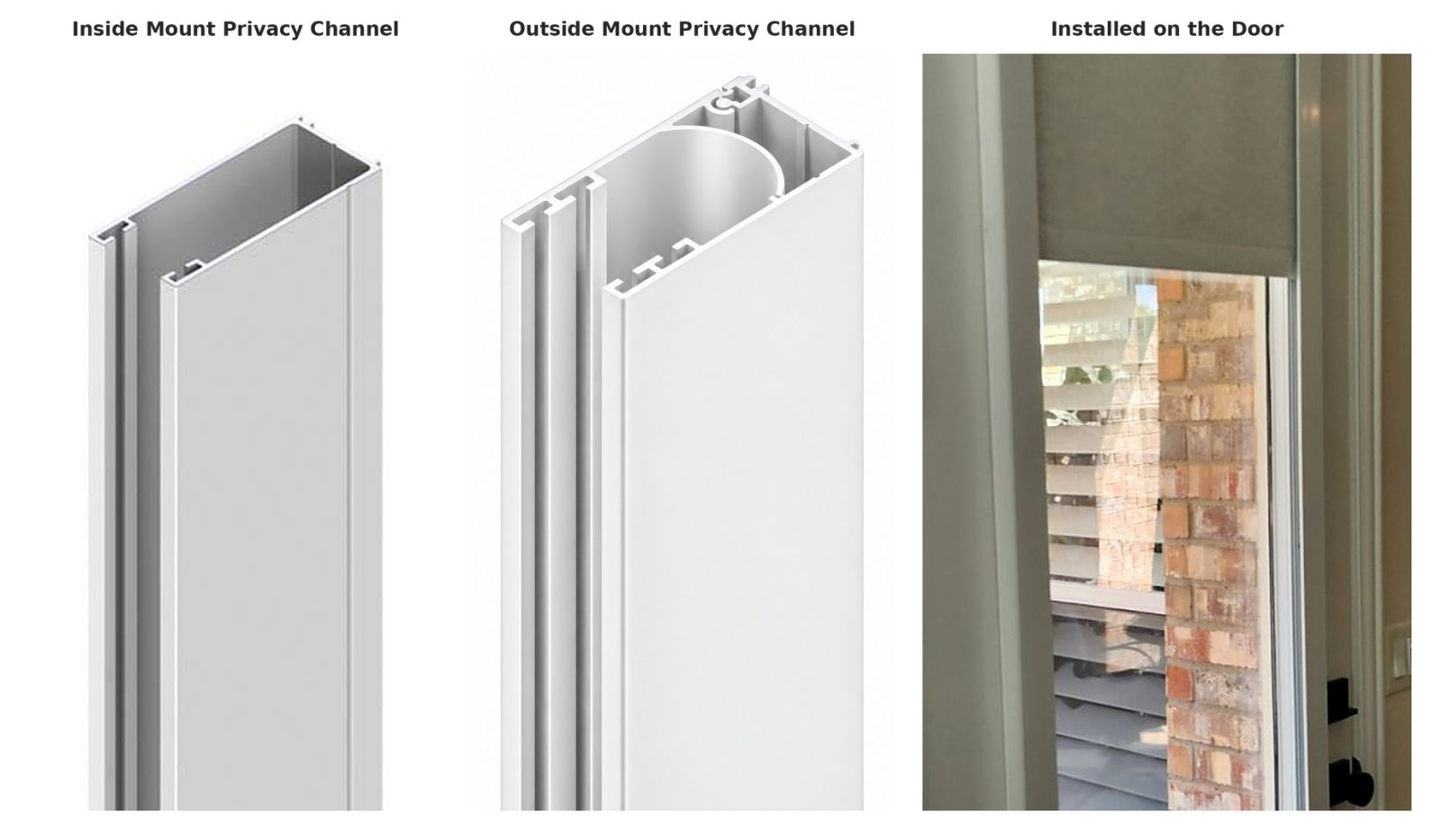 Inside mount privacy channel, outside mount privacy channel, and installation on a door